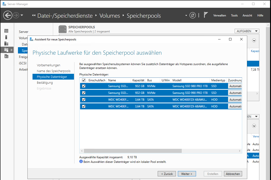 Speicherpool mit Speicherebenen unter Windows Server 2022