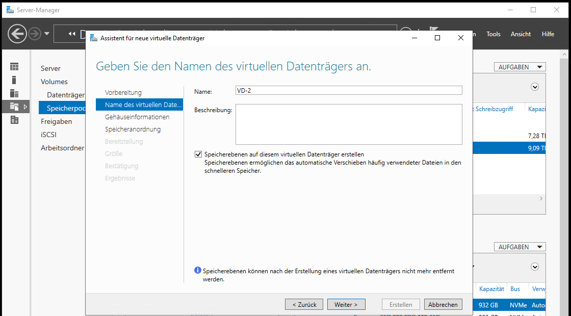 Speicherpool mit Speicherebenen unter Windows Server 2022