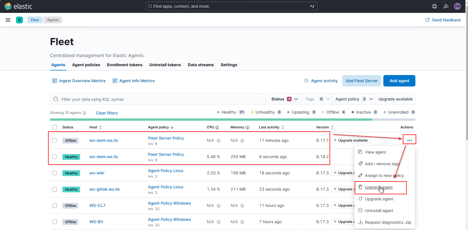 Elastic SIEM - Update der Agents und des Servers