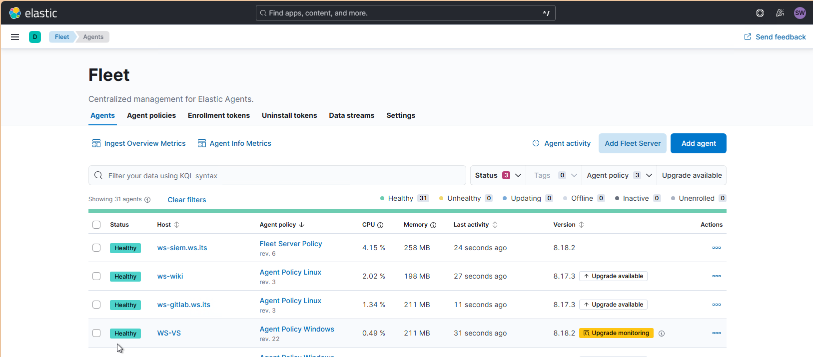 Elastic SIEM - Update der Agents und des Servers