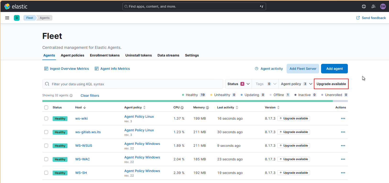 Elastic SIEM - Update der Agents und des Servers