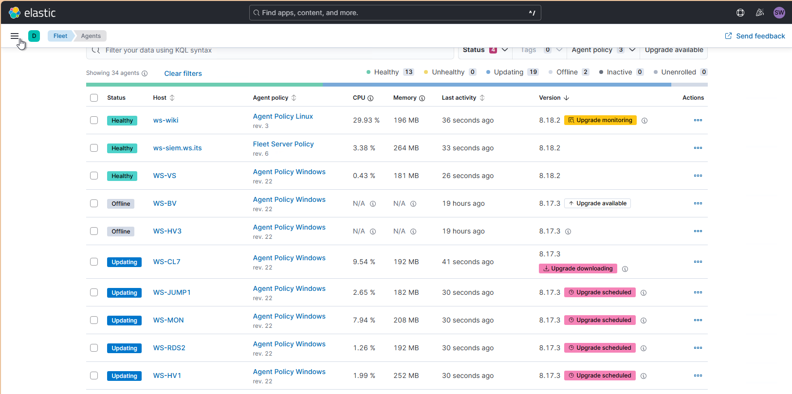 Elastic SIEM - Update der Agents und des Servers