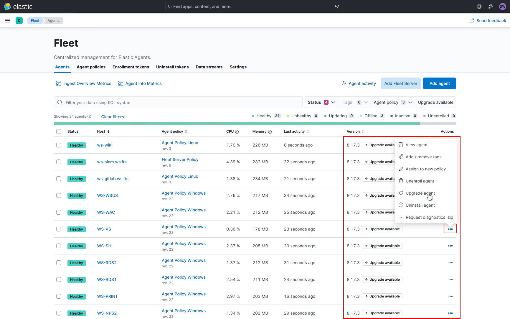 Elastic SIEM - Update der Agents und des Servers