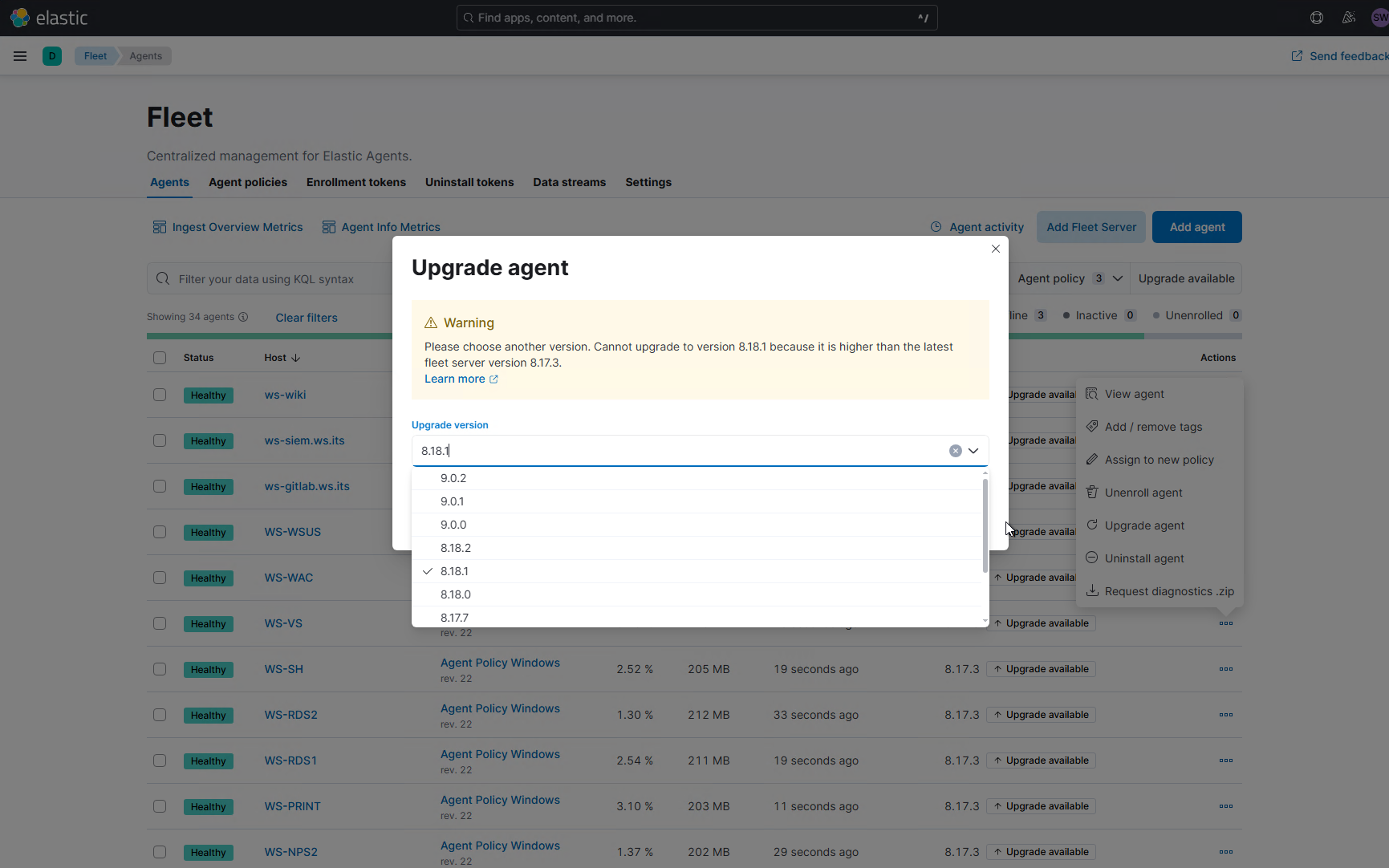 Elastic SIEM - Update der Agents und des Servers