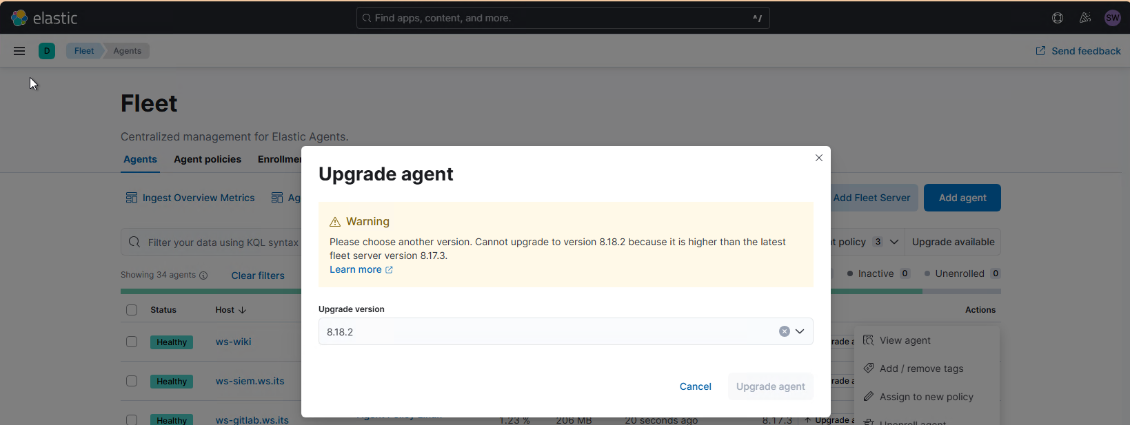 Elastic SIEM - Update der Agents und des Servers
